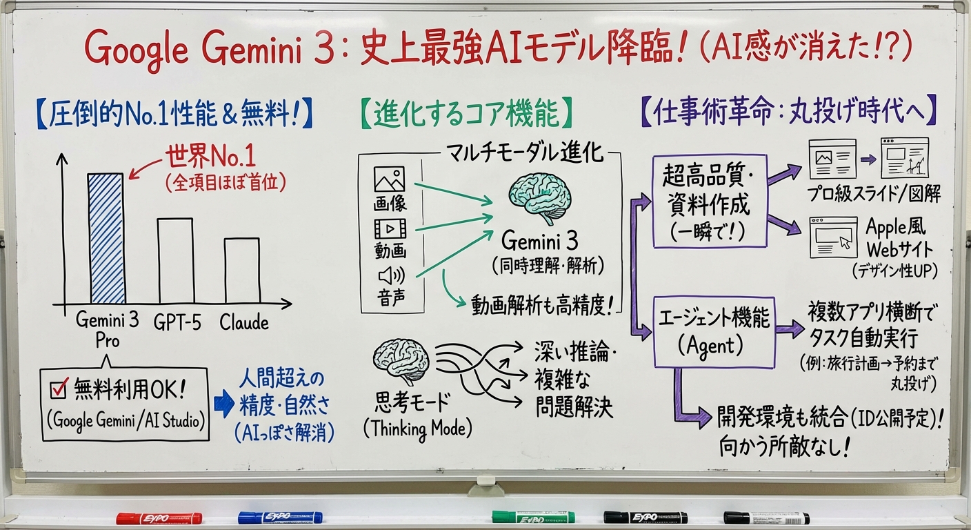 Please convert the image of a professor explaining in Japanese using the nano banana pro on a whiteboard. Use diagrams, arrows, boxes, and captions to visually explain the core ideas. Please also use colors.
